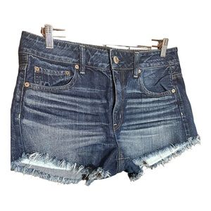 AMERICAN EAGLE hi rise festival dark denim wash raw hem jean shorts